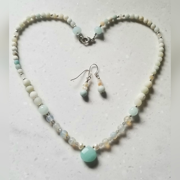 "The Sea Goddess" Aqua Blue Chalcedony & Gemstones Necklace & Earrings Set - Picture 7 of 7